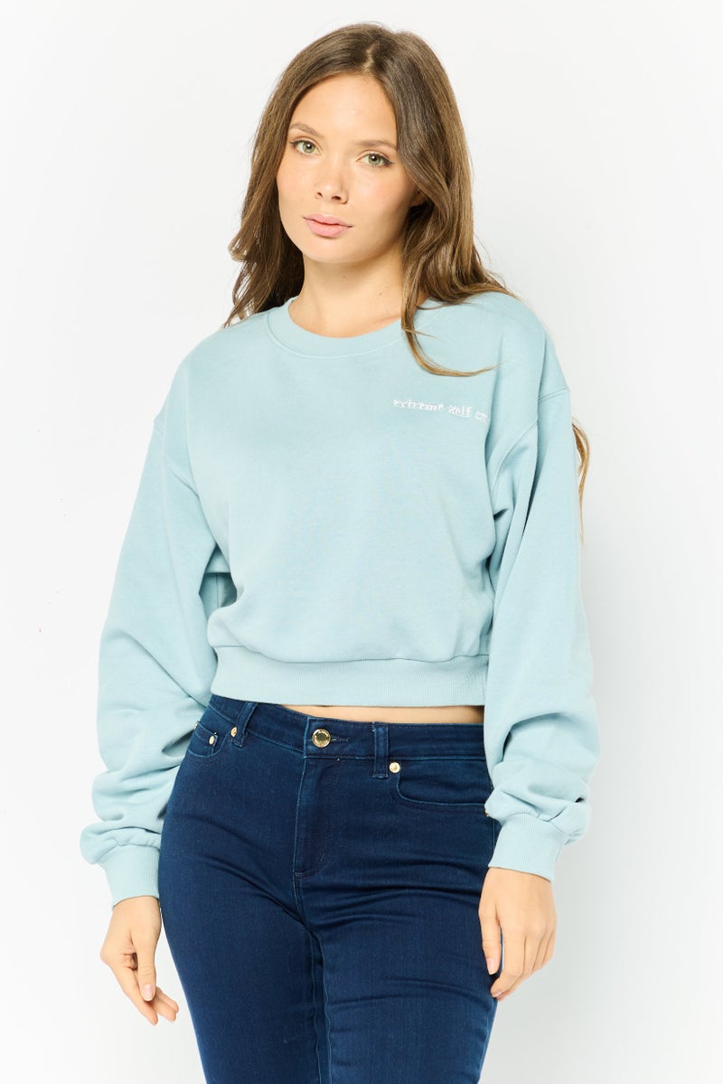 NIA Women Crew Neck Embroidered Sweatshirt, Light Blue - Image 1