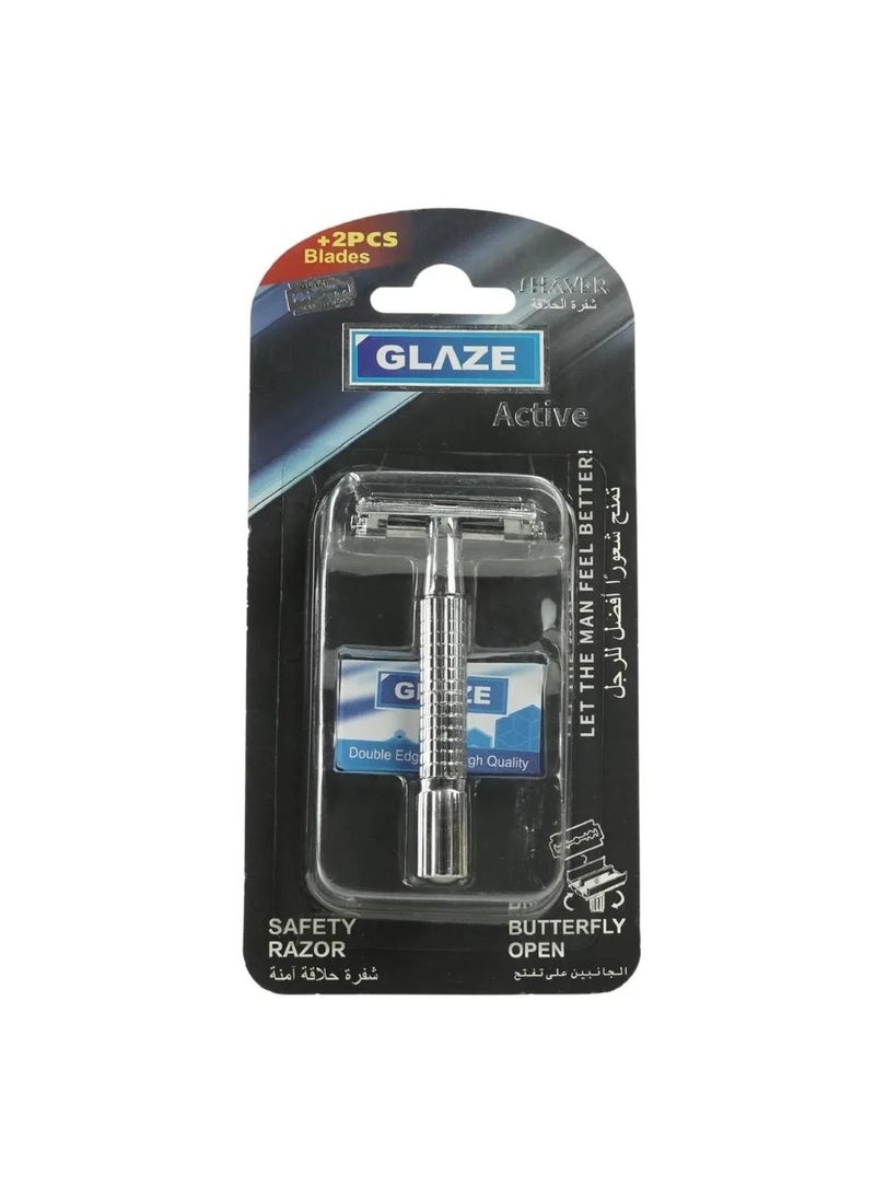 Active Shaver Safety Razor with 2 Blades and Butterfly Open Head Razor