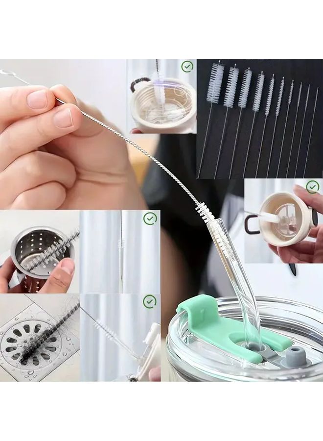 10 Piece White Straw Cleaning Brush Set With Stainless Steel Handle - Image 1
