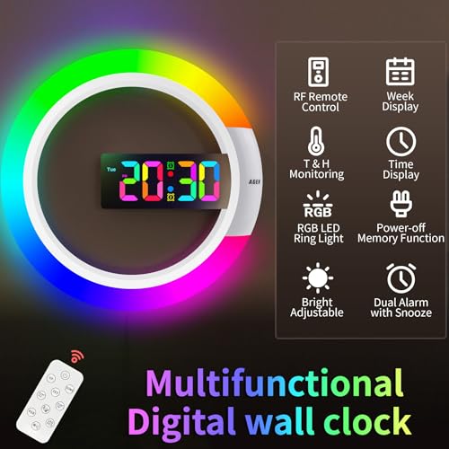 AGEK Large Digital Wall Clock, 12 inch Round Wall Clock with Remote Conrol RGB Night Light Temperature Week Dual Alarms Wall Digital Clock for Living Room Bedroom Home Office - Image 2