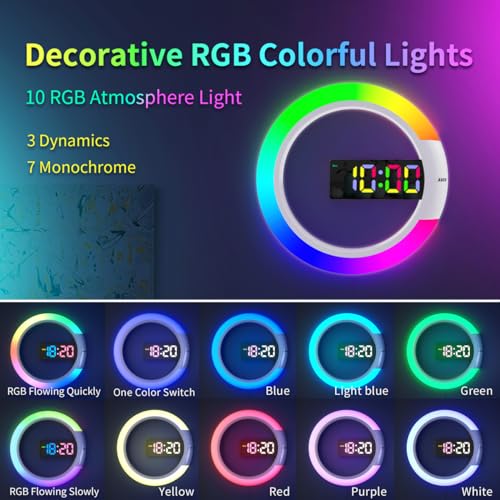 AGEK Large Digital Wall Clock, 12 inch Round Wall Clock with Remote Conrol RGB Night Light Temperature Week Dual Alarms Wall Digital Clock for Living Room Bedroom Home Office - Image 4