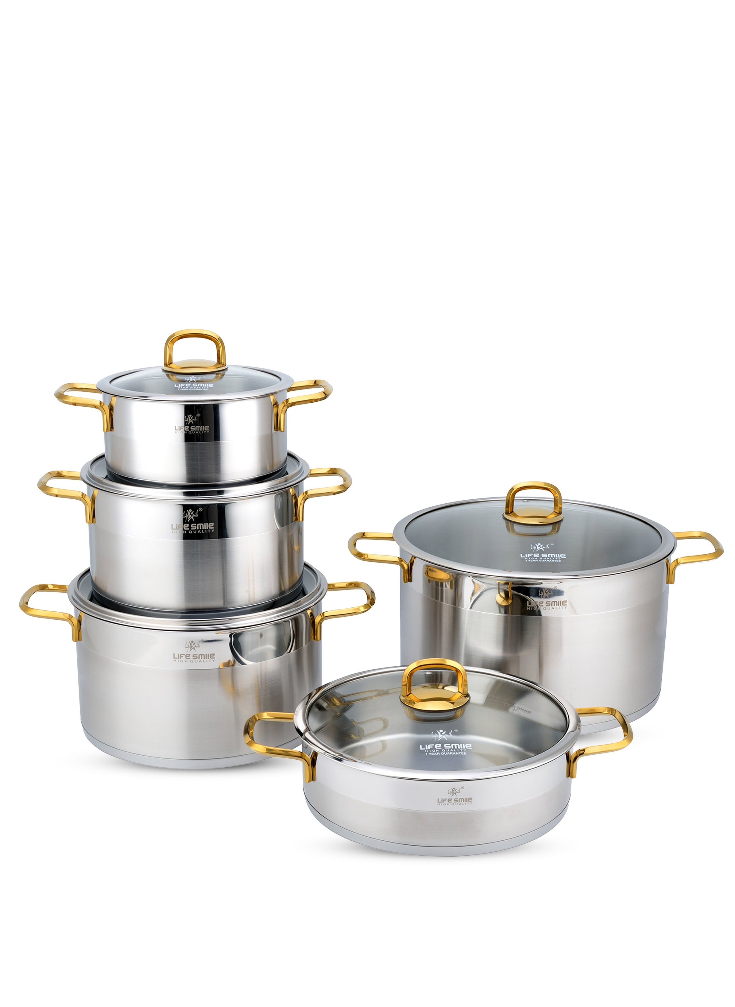 Life Smile Premium 18/10 Stainless Steel Cookware Set - Pots and Pans Set Induction Thick Base for Even Heating Kitchen Cooking Set  Includes Casserroles 20/24/28/32cm + Shallow Pot 28cm Oven Safe Silver 