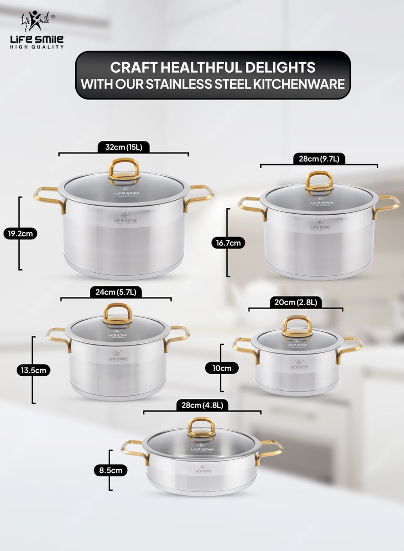 Life Smile Premium 18/10 Stainless Steel Cookware Set - Pots and Pans Set Induction Thick Base for Even Heating Kitchen Cooking Set  Includes Casserroles 20/24/28/32cm + Shallow Pot 28cm Oven Safe Silver - Image 2