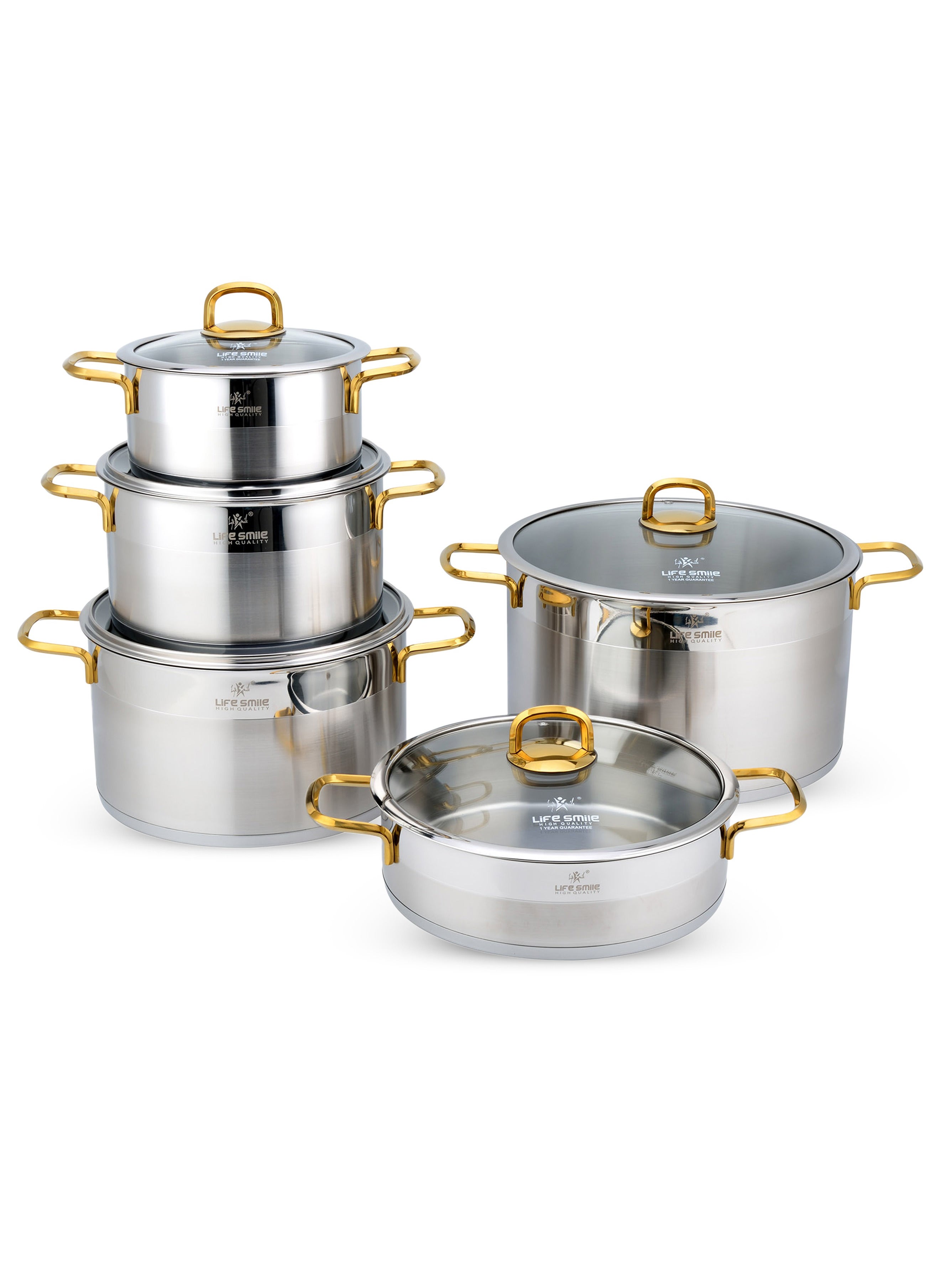 Life Smile Premium 18/10 Stainless Steel Cookware Set - Pots and Pans Set Induction Thick Base for Even Heating Kitchen Cooking Set  Includes Casserroles 20/24/28/32cm + Shallow Pot 28cm Oven Safe Silver 