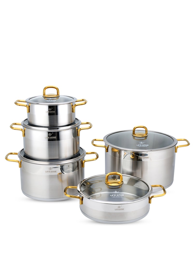Life Smile Premium 18/10 Stainless Steel Cookware Set - Pots and Pans Set Induction Thick Base for Even Heating Kitchen Cooking Set  Includes Casserroles 20/24/28/32cm + Shallow Pot 28cm Oven Safe Silver - Image 1