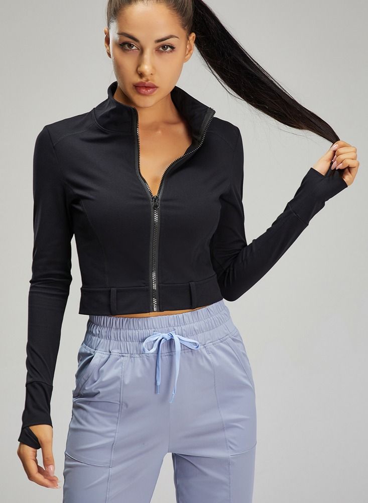Loquat Exercise Running Yoga Fitness Long Sleeve Top Black  - Image 1