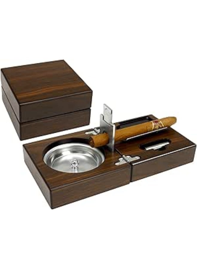 مجموعة طفاية سيجار خشب مع قاطع وثاقب سيجار - طفاية قابلة للطي ومحمولة للسفر، مجموعة مناسبة لعشاق السيجار - Image 1