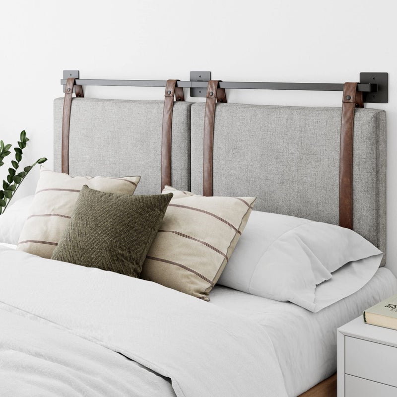 Nathan James Harlow Modern Wall Mount Hanging Headboard, Queen, Gray with Brown Faux Leather Straps - Image 1