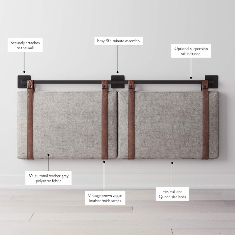 Nathan James Harlow Modern Wall Mount Hanging Headboard, Queen, Gray with Brown Faux Leather Straps - Image 3