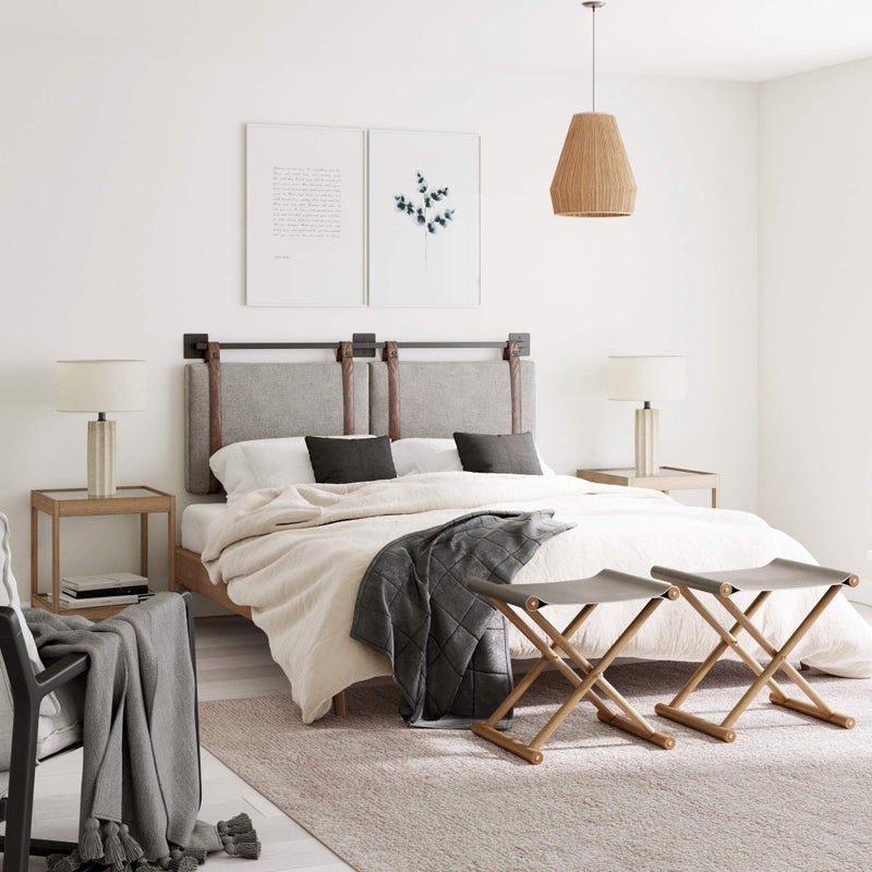 Nathan James Harlow Modern Wall Mount Hanging Headboard, Queen, Gray with Brown Faux Leather Straps - Image 2