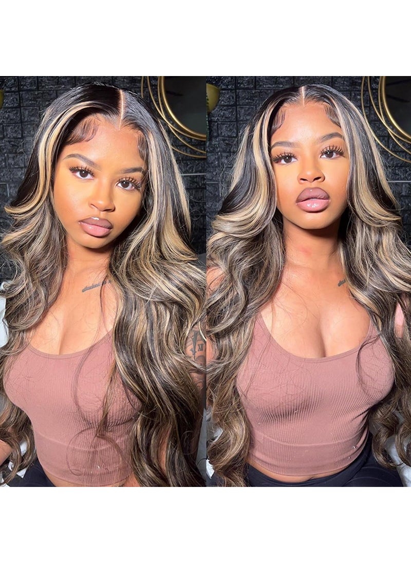 Ali Pearl Ali Pearl Highlight Ombre 13x4 HD Transparent Lace Front Wigs Human Hair Balayage Highlight Wig Black With Honey Blonde Colored Highlights Body Wave Frontal Wigs for Women 180% Density 24 Inch 