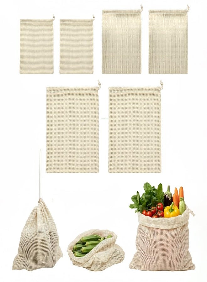 Wrapzy 100% Cotton Reusable Vegetable Bags for Fridge | Eco-Friendly Drawstring Storage Bags | Washable Breathable Mesh Bag | Multi-Purpose Cotton Mesh | Pack of 6 - Image 1