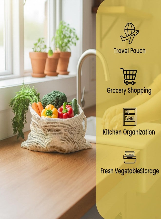 Wrapzy 100% Cotton Reusable Vegetable Bags for Fridge | Eco-Friendly Drawstring Storage Bags | Washable Breathable Mesh Bag | Multi-Purpose Cotton Mesh | Pack of 6 - Image 4