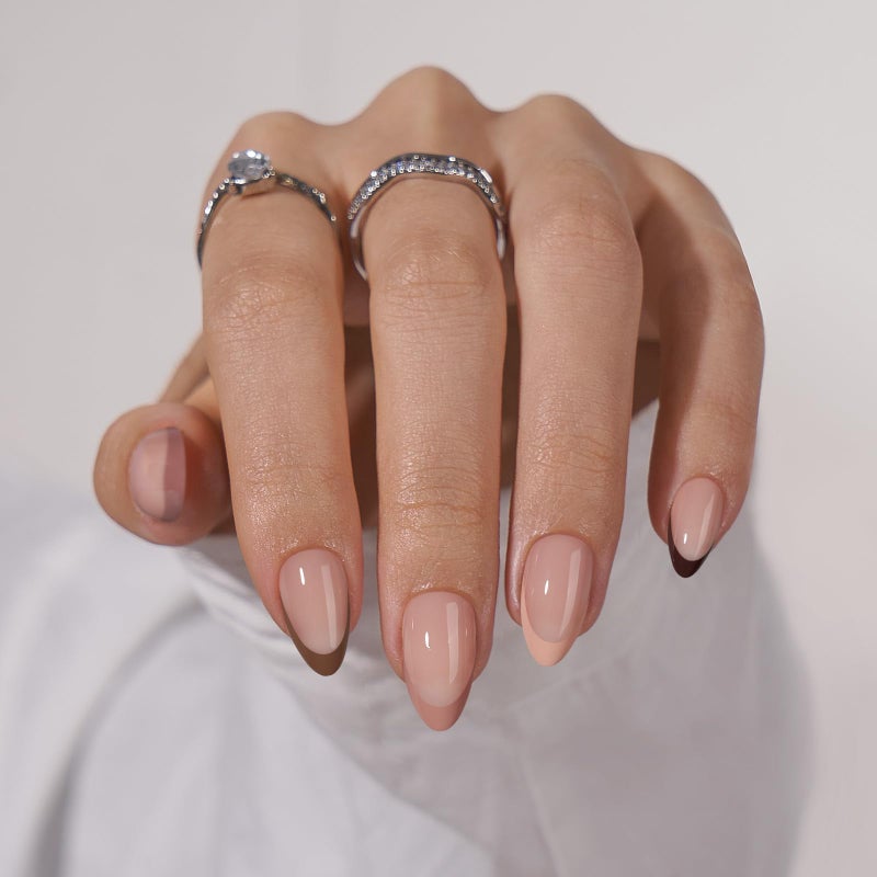 Almond Press On Nails  BTArtbox French Tip Press On Nails Supremely Fit  Natural Glue On Nails with Nail Glue Reusable Stick On Nails in 16 Sizes  30 Fall Soft Gel Fake Nails Kit Morning Coffee