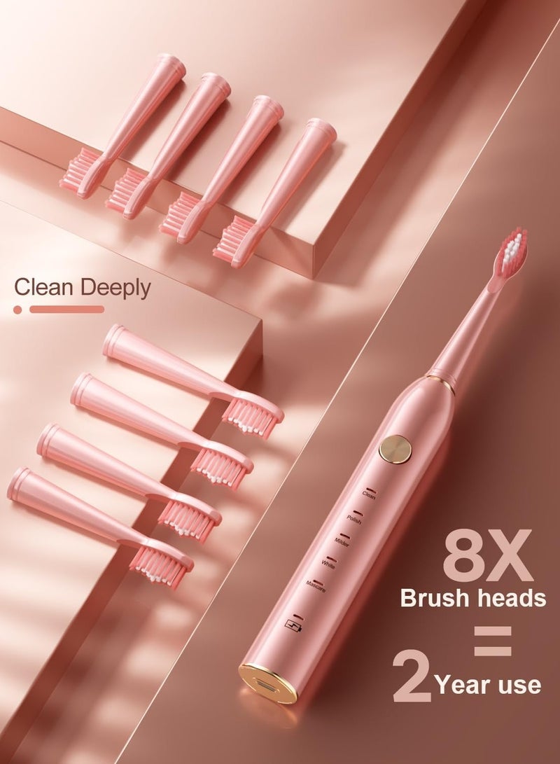 عام فرشاة أسنان كهربائية، فرشاة أسنان سونيك للبالغين مع 8 رؤوس فرشاة للاستخدام لمدة عامين، فرشاة أسنان قابلة لإعادة الشحن بقوة 40000 فولت في الدقيقة، تدوم 30 يومًا مع 5 أوضاع، وردي - Image 2