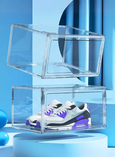 1 تشيس صندوقان لتخزين الأحذية قابلان للتكديس - منظم بلاستيكي شفاف مع باب جانبي، شفاف