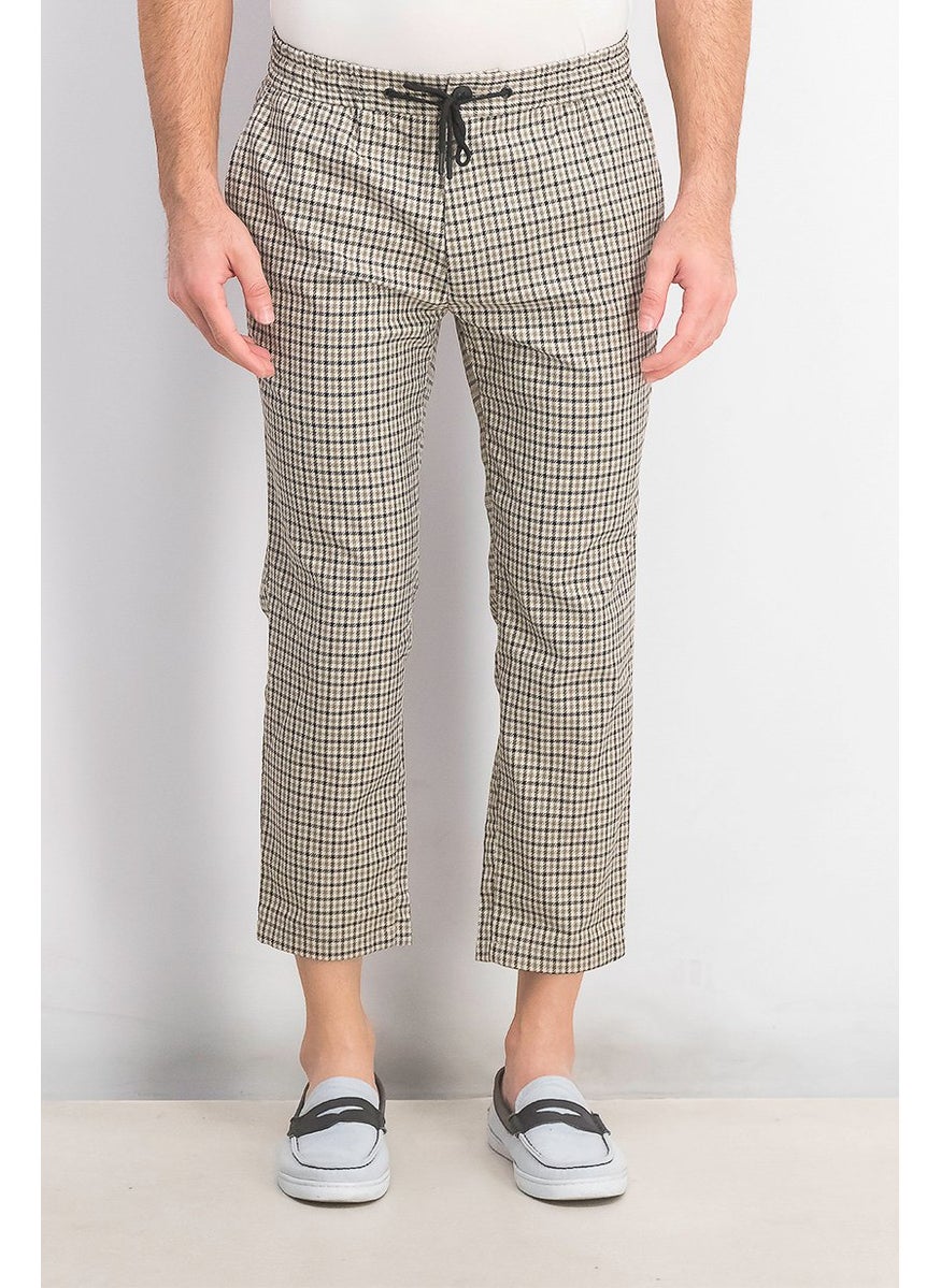 TOPMAN - Men Regular Fit Houndstooth Printed Drawstring Pant, Stone - Image 1