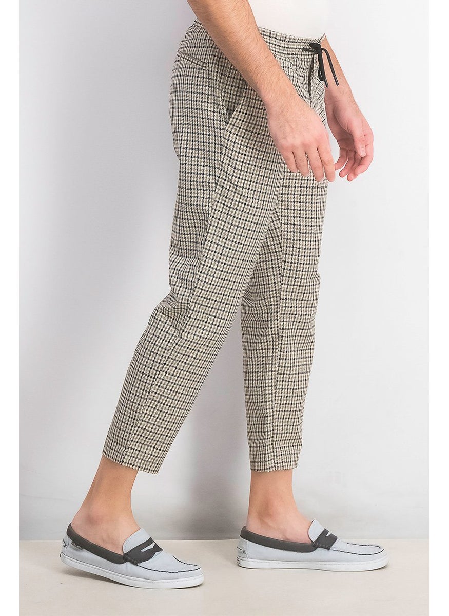TOPMAN - Men Regular Fit Houndstooth Printed Drawstring Pant, Stone - Image 1