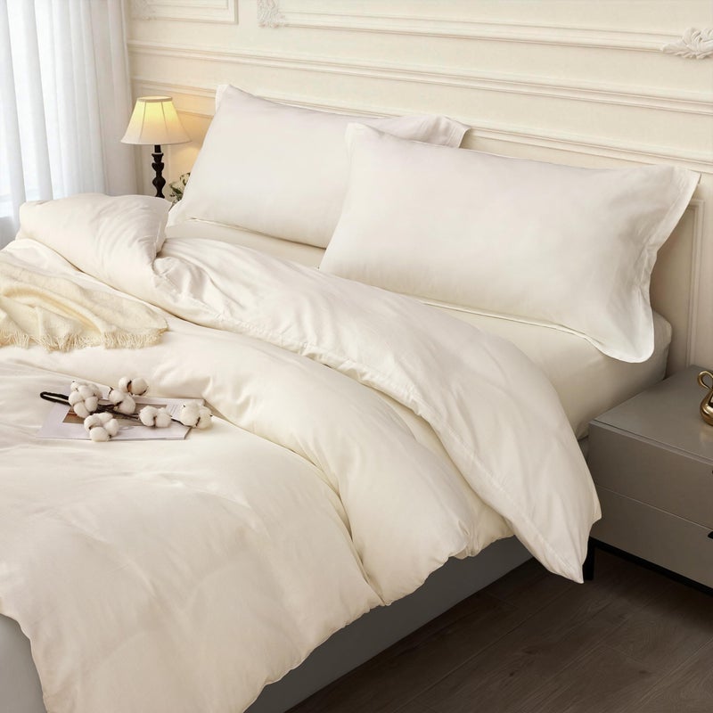 SAPHREAS 100% Washed Cotton Duvet Cover Queen Size Set, Linen Like Comforter Cover with Zipper Closure & Corner Ties (No Comforter), 90x90 White - Image 1