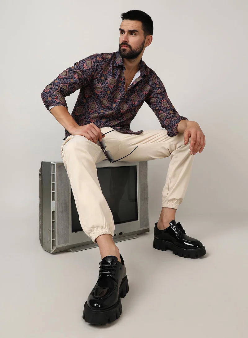 Campus Sutra Men's Heather Purple Ethnic Geometric Shirt