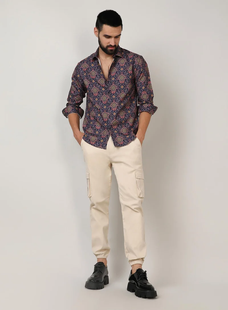 Campus Sutra Men's Heather Purple Ethnic Geometric Shirt