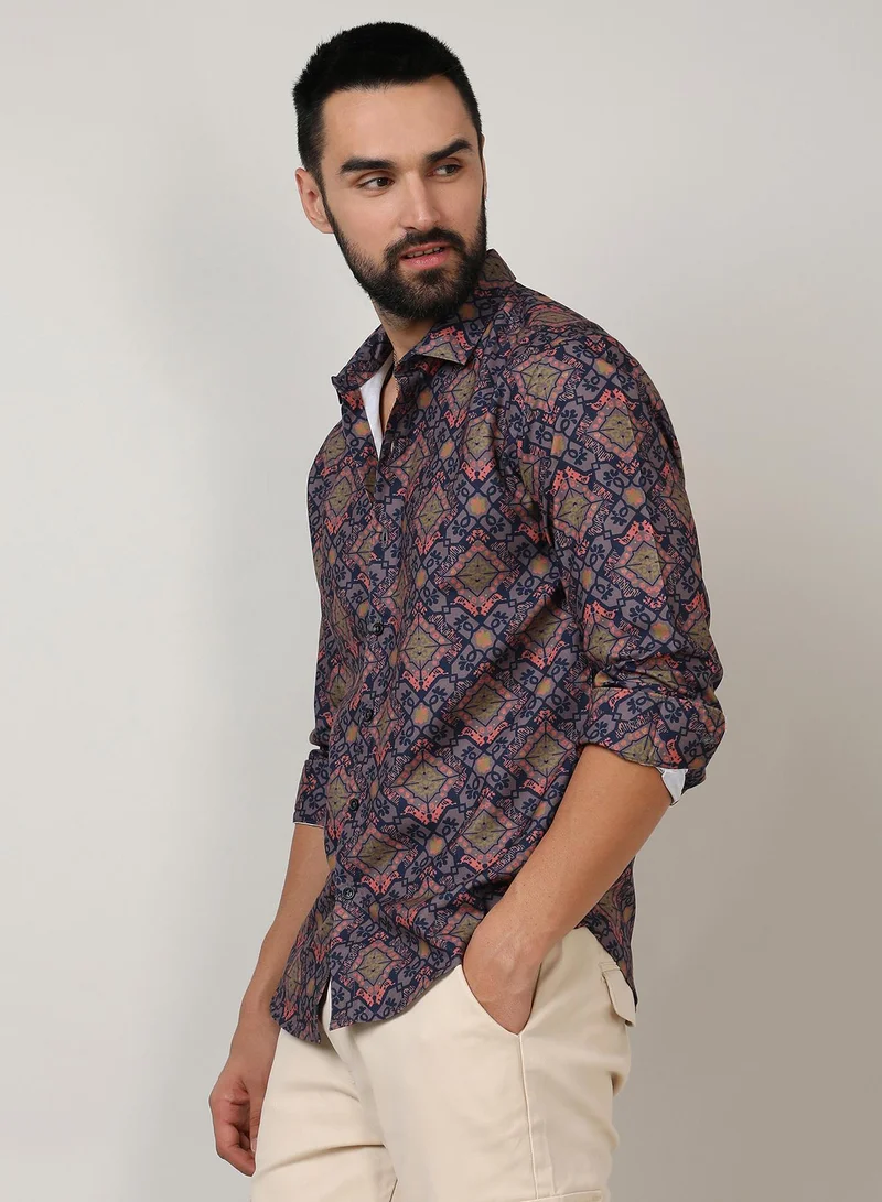 Campus Sutra Men's Heather Purple Ethnic Geometric Shirt