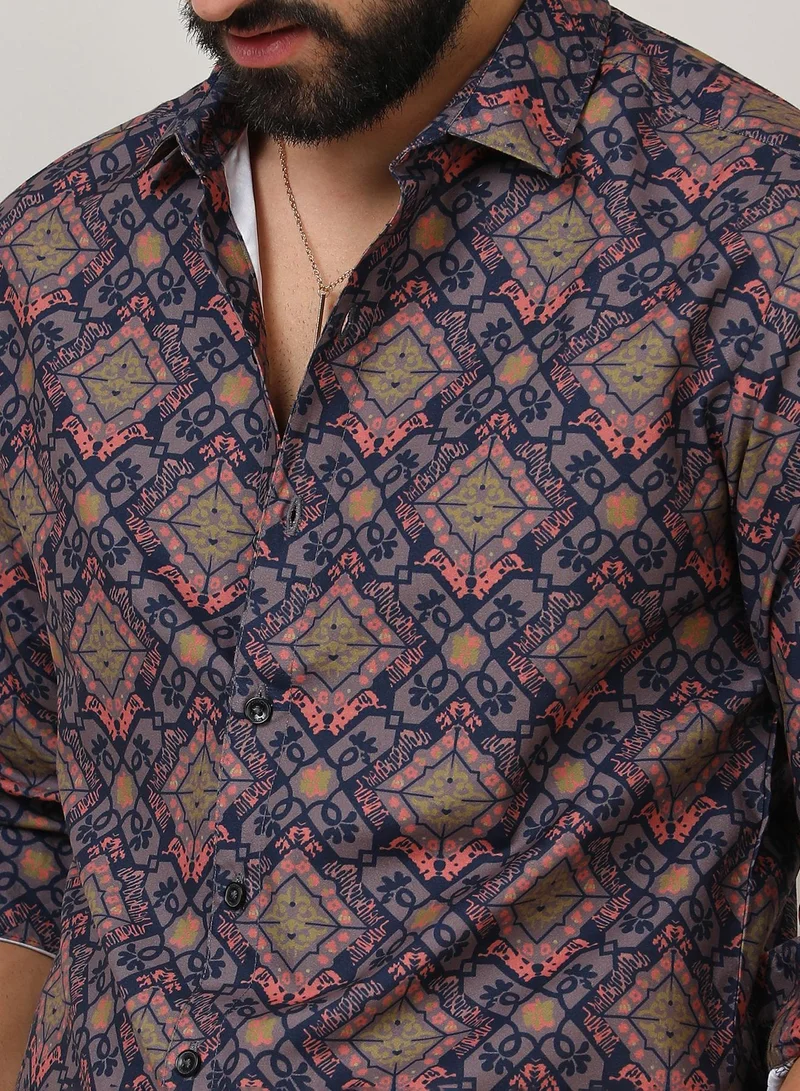 Campus Sutra Men's Heather Purple Ethnic Geometric Shirt