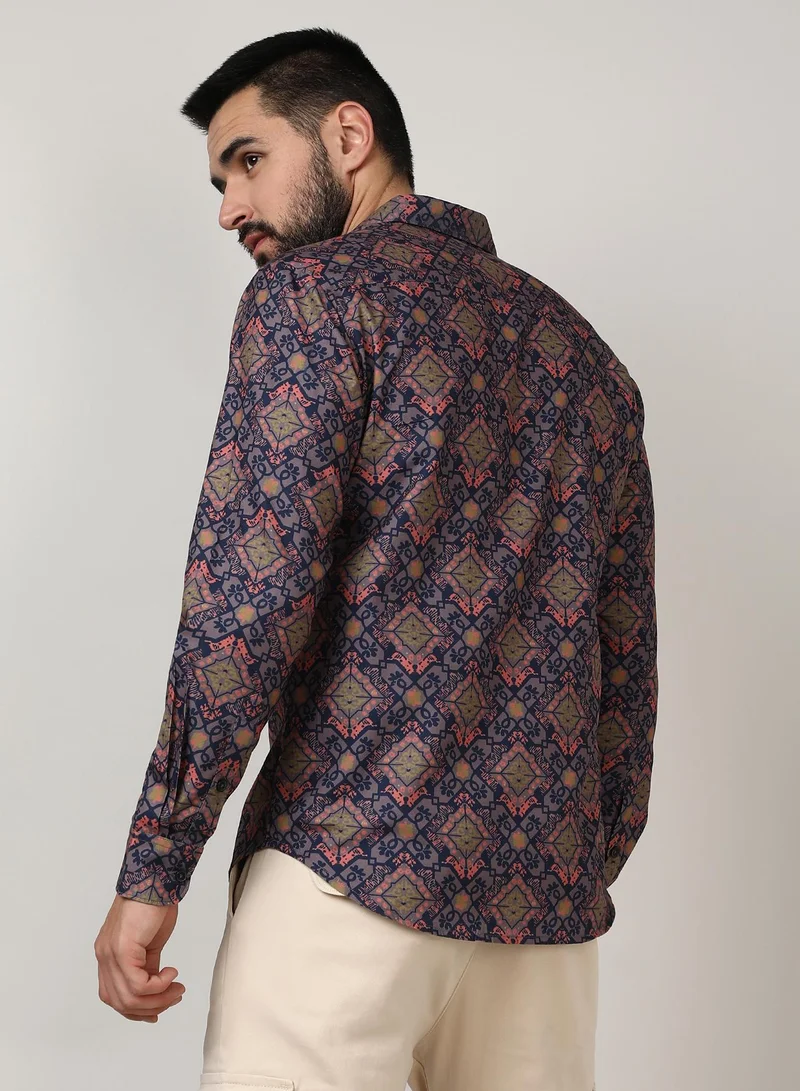 Campus Sutra Men's Heather Purple Ethnic Geometric Shirt