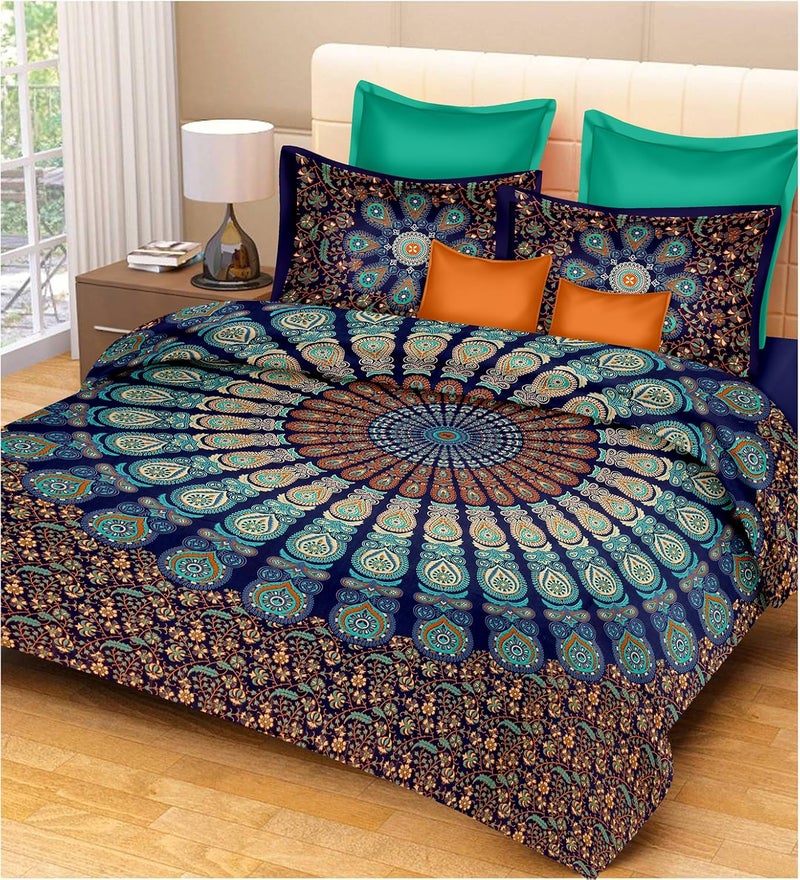 PURE COMFORT Cotton Mandala Double Bedsheet Peacock Feathers Printed Design with 2 Pillow CoversKing Size Blue - Image 1