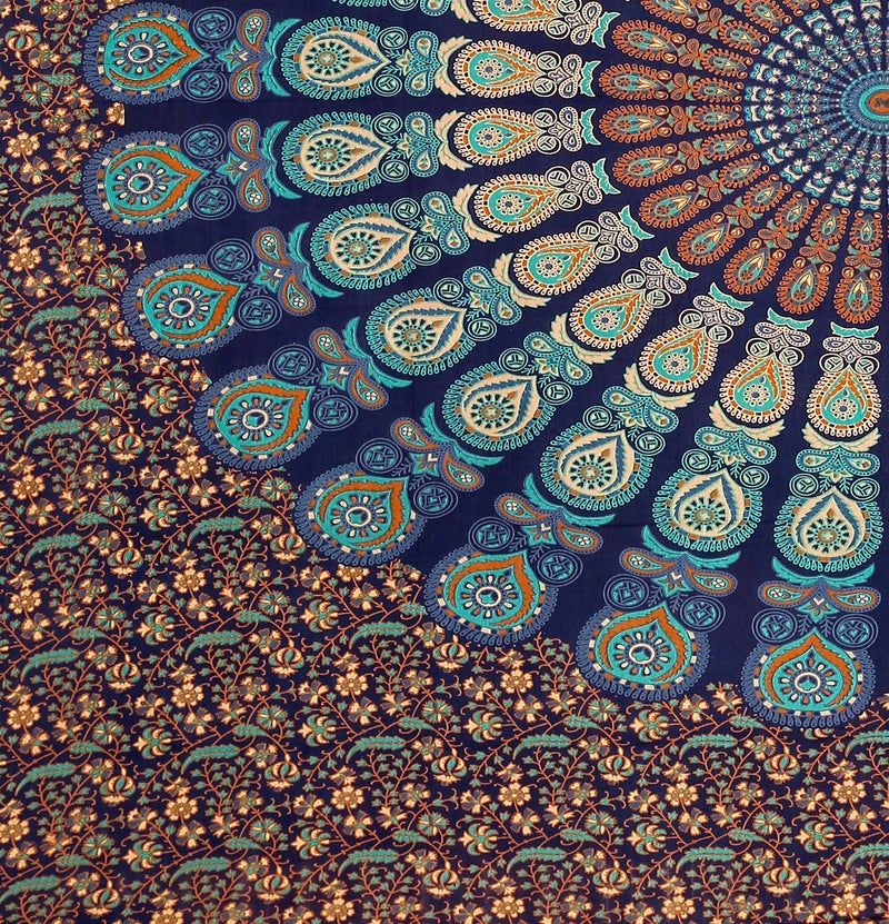 PURE COMFORT Cotton Mandala Double Bedsheet Peacock Feathers Printed Design with 2 Pillow CoversKing Size Blue - Image 2