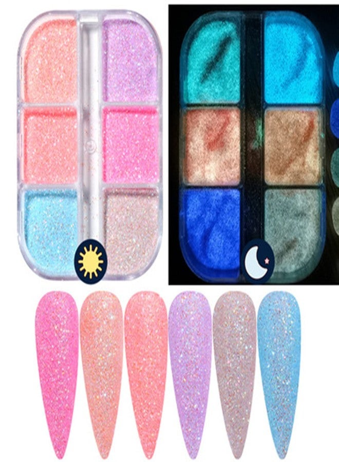TBRZTR Fluorescent Nail Pigment Powder, Luminous Nail Glitter Flakes Holographic Glow Liquid Nail Art Dust Design Decoration 3D Nails Supplies for Nail Art Gel Polish DIY Nail Sequins Accessories (6 Colors) - Image 1