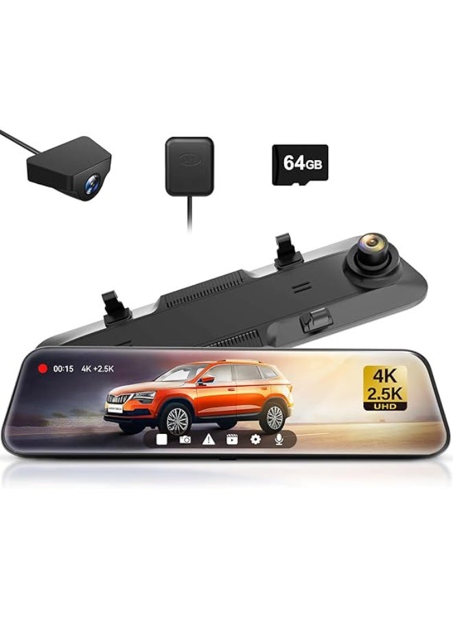 WOLFBOX Rear View Mirror Camera: Mirror Dash Cam Front and Rear 4K+2.5K for Car with 12" Full Touch Screen, Night Vision, G-Sensor, Parking Assist,Included 64GB Card & GPS - Image 1