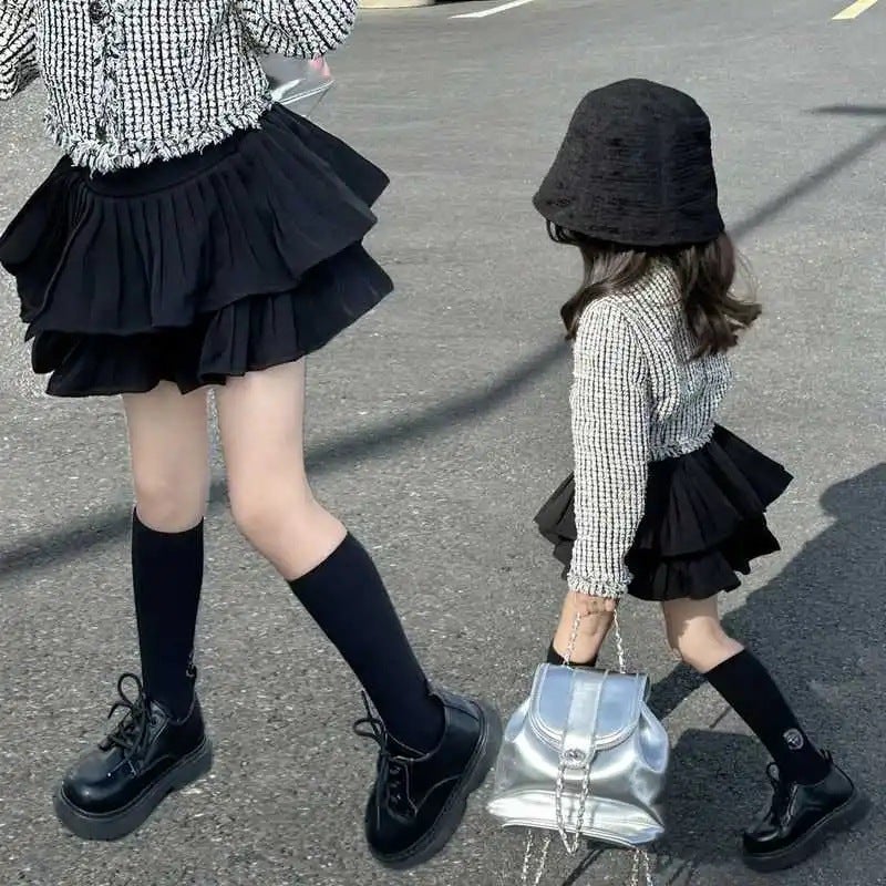 Spring 2024 New Korean Style Girls Stylish Cake Skirt Little Girls College Style All-match Pleated Trendy Skirt Black cake skirt 