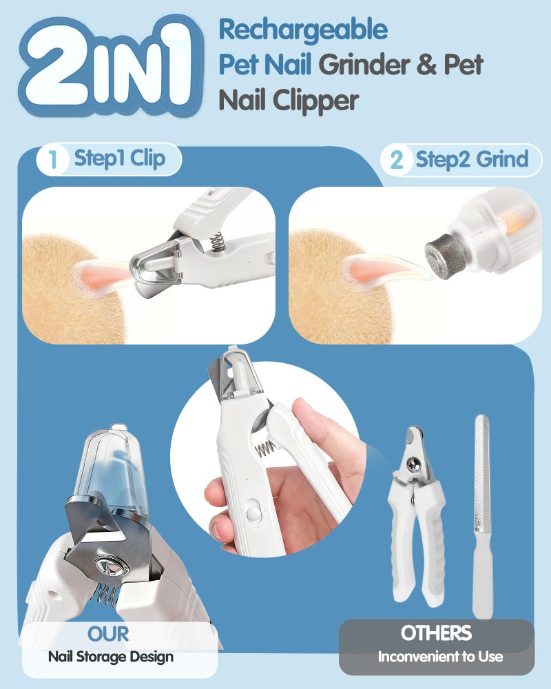 Motiilanco 2 in 1 Dog Nail Clippers & Dog Nail Grinder for Large Medium Small Dogs Cats Claw Trimmer with 2 LED Lights & Splash Guard, Ultra-Quiet, USB Rechargeable Pet Claw Care Grooming - Image 2