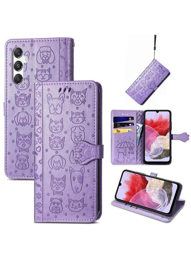 S-TOP Case For Samsung Galaxy M34 5G Cat and Dog Embossed Leather Phone Case - Image 1