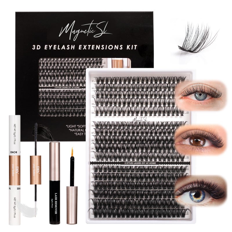Magnetic SL DIY Lash Extensions Kit 320pcs Individual Lashes Clusters 40D 50D 100D Eyelash Extension Kit with Applicator and Lash Bond+Seal, Lash Remover For False Eyelash Mix 11-20mm (40D+50D+100D KIT) - Image 1