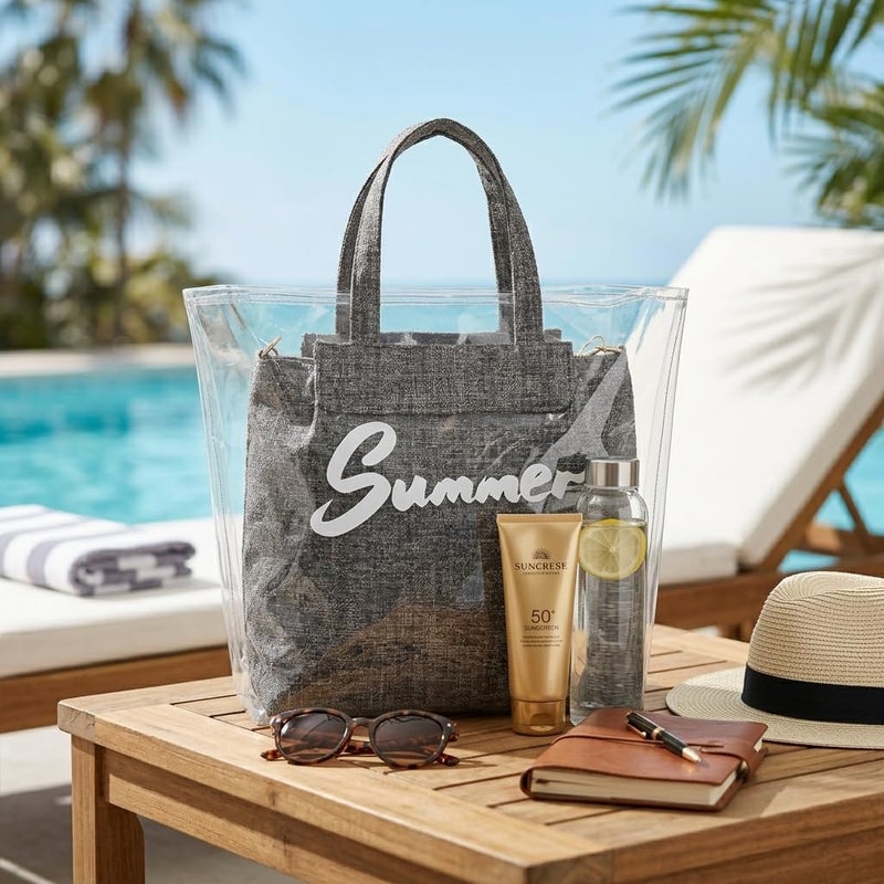 Women's 2 in 1 Transparent Tote Bag with Removable Inner Pouch, Clear PVC Shoulder Handbag with Detachable Strap, Summer Beach Shopping Travel Bag for Women (Grey) - Image 5