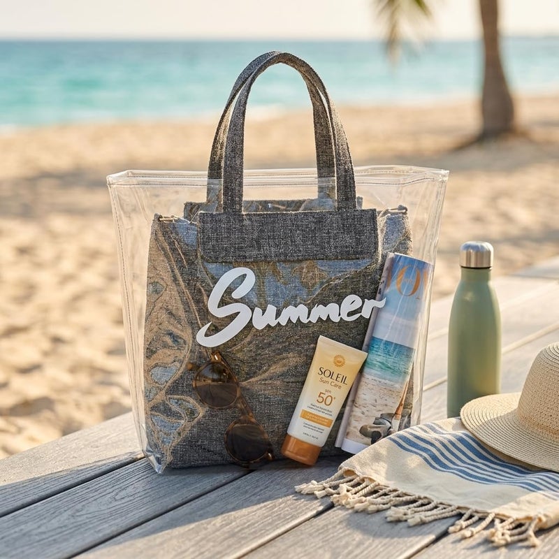 Women's 2 in 1 Transparent Tote Bag with Removable Inner Pouch, Clear PVC Shoulder Handbag with Detachable Strap, Summer Beach Shopping Travel Bag for Women (Grey) - Image 3