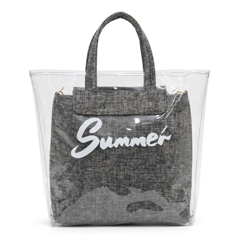 Women's 2 in 1 Transparent Tote Bag with Removable Inner Pouch, Clear PVC Shoulder Handbag with Detachable Strap, Summer Beach Shopping Travel Bag for Women (Grey) - Image 1
