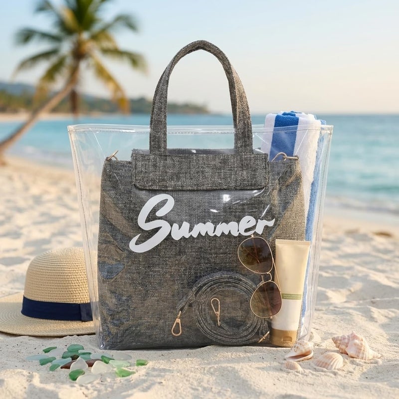 Women's 2 in 1 Transparent Tote Bag with Removable Inner Pouch, Clear PVC Shoulder Handbag with Detachable Strap, Summer Beach Shopping Travel Bag for Women (Grey) - Image 4