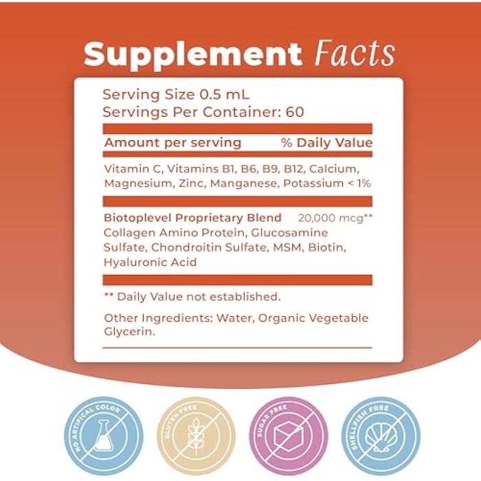 BIOTOPLEVEL Liquid Glucosamine, Chondroitin, MSM, Biotin, Hyaluronic Acid, All in One Formula for Good Health of Joints, Bones, Hair, Skin & Nails - Image 4