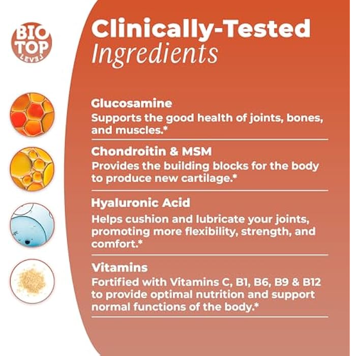 BIOTOPLEVEL Liquid Glucosamine, Chondroitin, MSM, Biotin, Hyaluronic Acid, All in One Formula for Good Health of Joints, Bones, Hair, Skin & Nails - Image 3