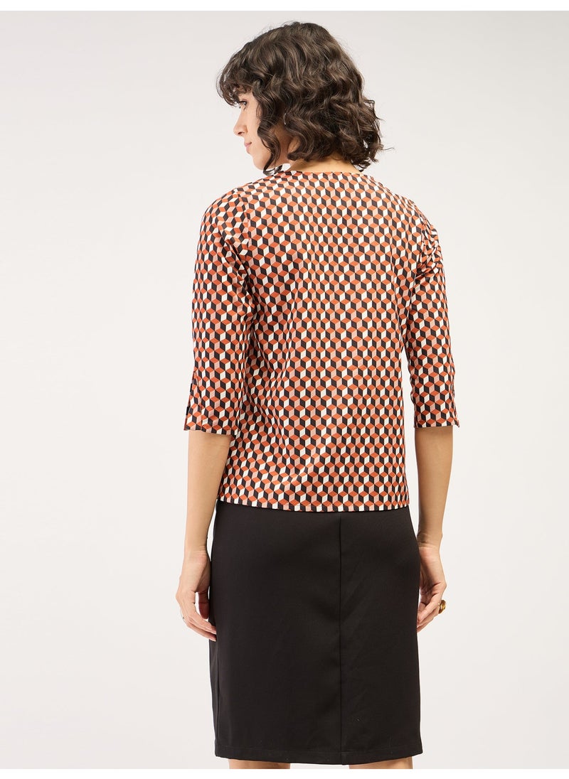 Salt Attire - Women's Trendy Geometric Pattern Top with Band Collar, Contrast Pattern Placement, Button Down Opening, and 3/4th Length Blouson Sleeves for a Stylish, Modern Look - Image 1