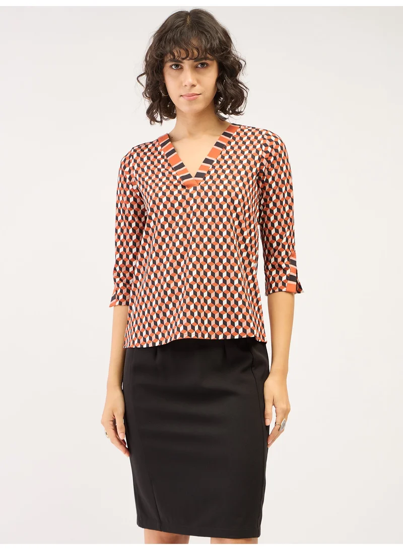 Salt Attire Women's Trendy Geometric Pattern Top with Band Collar, Contrast Pattern Placement, Button Down Opening, and 3/4th Length Blouson Sleeves for a Stylish, Modern Look