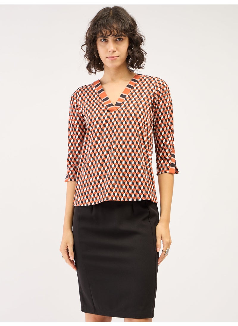 Salt Attire - Women's Trendy Geometric Pattern Top with Band Collar, Contrast Pattern Placement, Button Down Opening, and 3/4th Length Blouson Sleeves for a Stylish, Modern Look - Image 1
