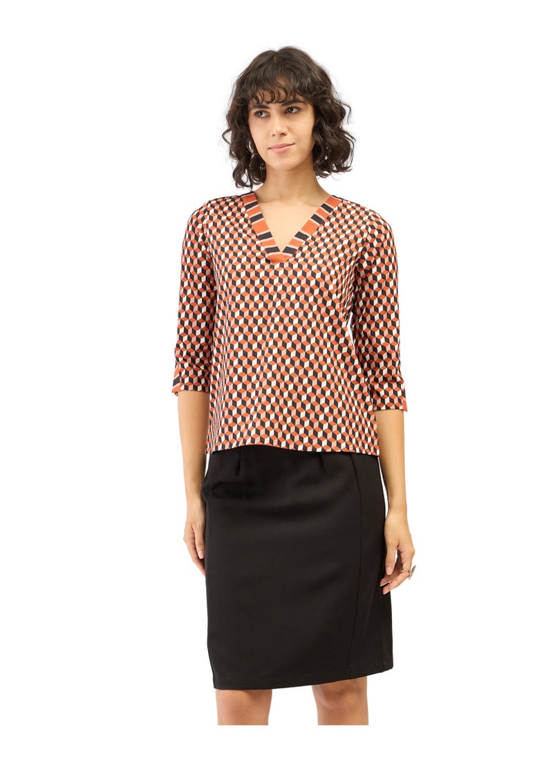 Salt Attire - Women's Trendy Geometric Pattern Top with Band Collar, Contrast Pattern Placement, Button Down Opening, and 3/4th Length Blouson Sleeves for a Stylish, Modern Look - Image 1