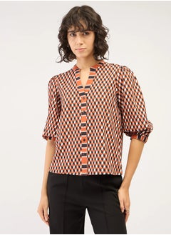 Trendy Geometric Pattern Top with Band Collar, Contrast Pattern Placement, Button Down Opening, and 3/4th Length Blouson Sleeves for a Stylish, Modern Look