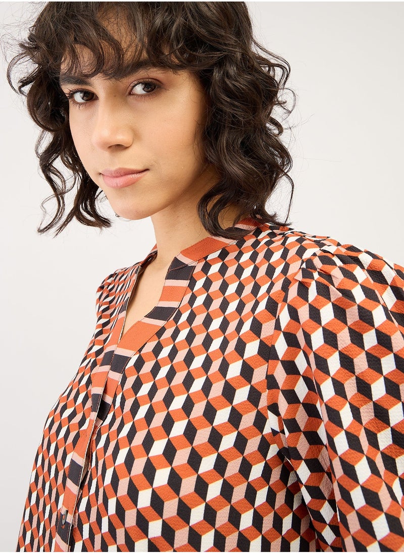 Salt Attire - Trendy Geometric Pattern Top with Band Collar, Contrast Pattern Placement, Button Down Opening, and 3/4th Length Blouson Sleeves for a Stylish, Modern Look - Image 1