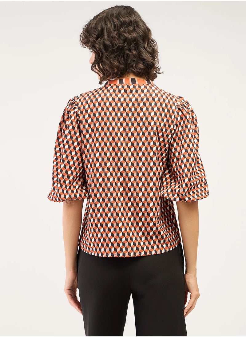 Salt Attire - Trendy Geometric Pattern Top with Band Collar, Contrast Pattern Placement, Button Down Opening, and 3/4th Length Blouson Sleeves for a Stylish, Modern Look - Image 1