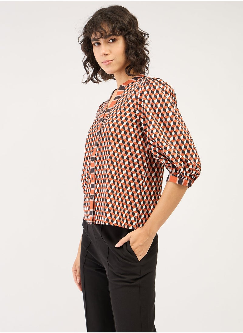 Salt Attire - Trendy Geometric Pattern Top with Band Collar, Contrast Pattern Placement, Button Down Opening, and 3/4th Length Blouson Sleeves for a Stylish, Modern Look - Image 1